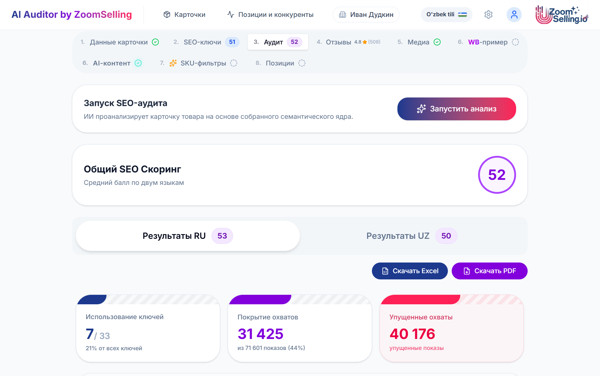 SEO аудит карточки в AI Auditor